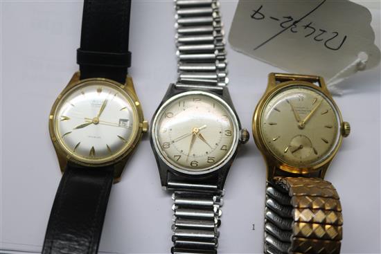 Ten assorted gentlemens wrist watches including, Baume, Roamer Avia and Junghans and a travelling watch.